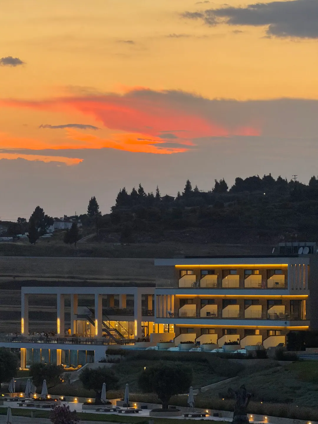 A retreat hotel at sunset